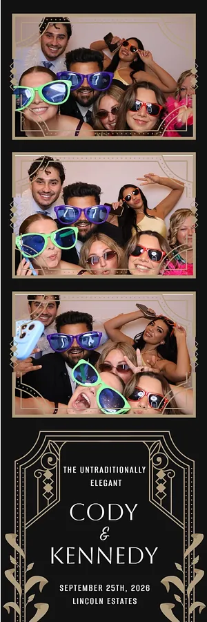 Self-serve photo booth strip from a Lincoln Estates wedding: guests in giant sunglasses