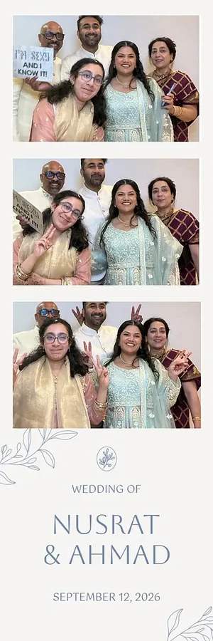 Grand Victorian Convention Centre wedding photo strip, Mississauga: five guests with a prop sign