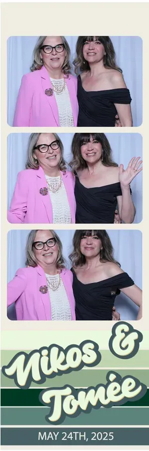 Niagara Falls wedding photo booth strip: two guests laughing, green retro template
