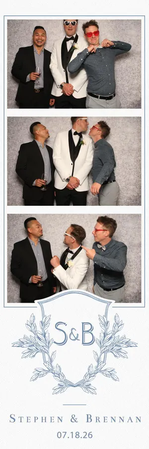 Niagara-on-the-Lake wedding photo strip: the groom in a white tuxedo with two friends