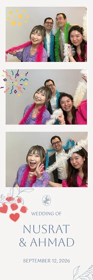 Wedding photo booth strip: four guests in feather boas across three frames