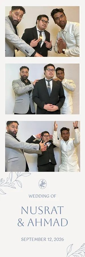 Wedding photo booth strip: three friends in suits striking poses
