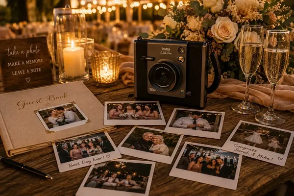 Instant camera guest book table with an Instax Wide camera, a guest book and signed instant prints