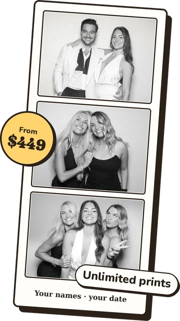 Sample 2×6 photo strip: three black-and-white photos of wedding guests. Browse photo templates.