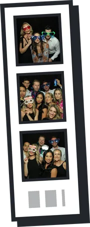 Sample 2x6 photo booth strip with three photos of wedding guests in party glasses and props