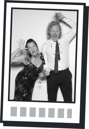 Sample 4x6 black and white photo booth print of a couple pulling funny faces