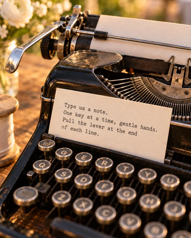 The typewriter instruction card: Type us a note, one key at a time, gentle hands