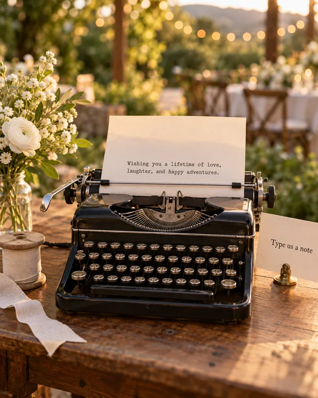 Vintage typewriter guest book on a wooden table at an outdoor wedding, with a Type us a note card