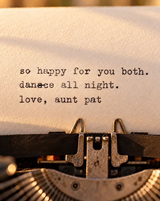 A typed note on cream paper: so happy for you both. dance all night. love, aunt pat