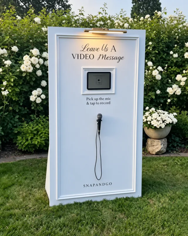 White video guest book kiosk with a tablet and handheld mic on a lawn by white roses
